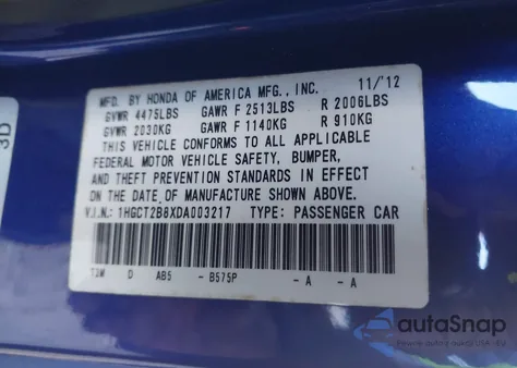 2013 Honda Accord Ex-L V-6 z USA, uszkodzony, nr VIN 1HGCT2B8XDA003217